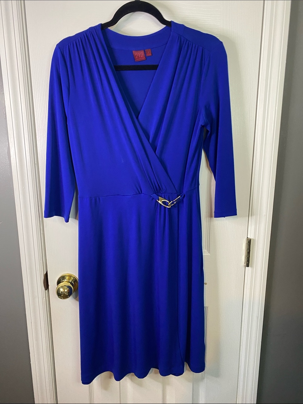 212 Collection Royal Blue Faux-Wrap Long Sleeve Dress with Gold Buckle Sz.Small.